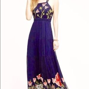 Anthropologie Floreat Tulipan Navy Blue Embroidered Maxi Dress Sz 10